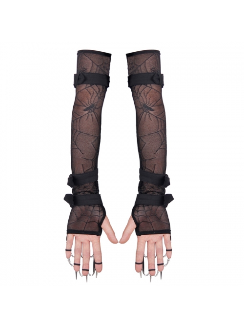 Punk Style Elastic Transparent Spider Web Fabric Finger Metal Chain With Elastic Rubber Band Black Mesh Gloves