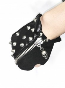 Punk Style Personalized Knitted Patchwork Leather Asymmetrical Back Of The Hand With Only This Rivet Decoration Black Fingerless Gloves