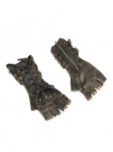 Punk Style Handsome Open Fingerless Hand With Adjustable Straps Brown Rivet Leather Gloves