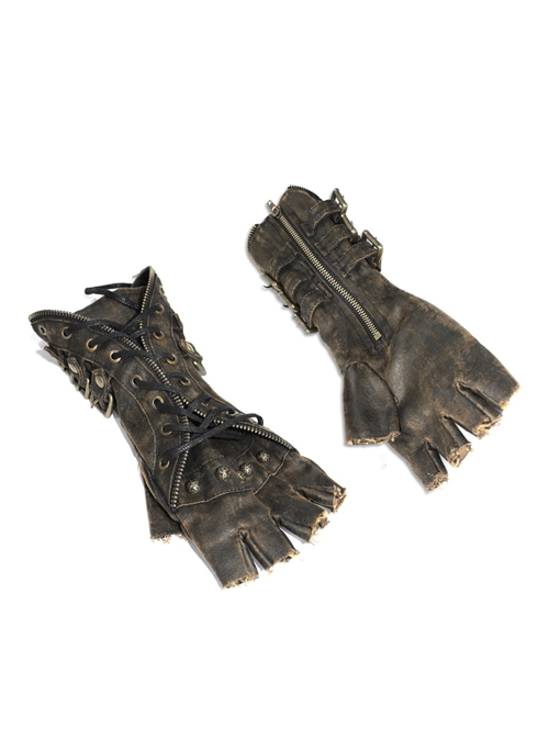 Punk Style Handsome Open Fingerless Hand With Adjustable Straps Brown Rivet Leather Gloves