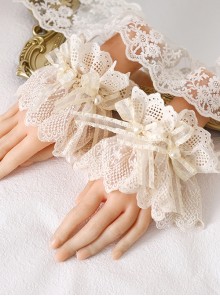 Versatile Daily Apricot Ruffle Lace Pearl Elegant Gorgeous Classic Lolita Cuff Wrist Straps