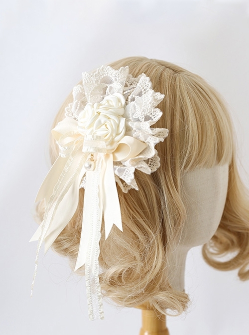 Rose Apricot Ruffle Round Lace Pearl Elegant Gorgeous Classic Lolita Hanamaru Dual-Purpose Versatile Hairpin Brooch