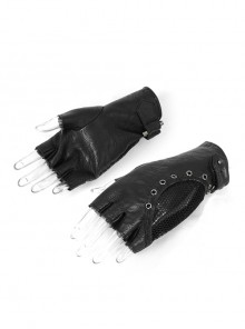 Punk Style Breathable Mesh Stitching Leather Metal Eyelets Black Washed Half Finger Gloves