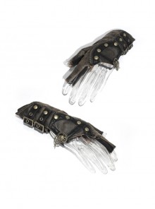 Punk Style Vintage Leather Hand Back Metal Zipper With Gear Rivet Decoration Brown Distressed Fingerless Gloves
