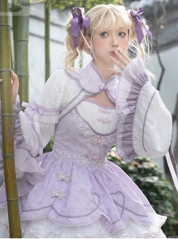 Chinoiserie Lace Ruffle Mesh Yarn Heart Stripes Purple Classic Lolita Long Sleeves Coat Suspender Dress Set