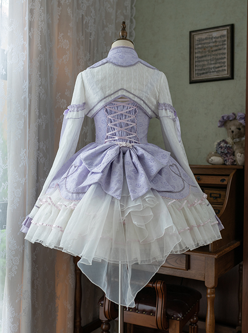 Chinoiserie Lace Ruffle Mesh Yarn Heart Stripes Purple Classic Lolita Long Sleeves Coat Suspender Dress Set