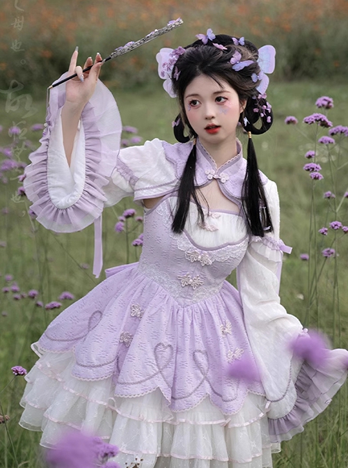 Chinoiserie Lace Ruffle Mesh Yarn Heart Stripes Purple Classic Lolita Long Sleeves Coat Suspender Dress Set