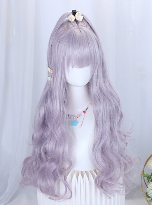 Cute Taro Light Purple Quadratic Element Long Curly Hairstyle Elegant Flat Bangs Sweet Lolita Full Head Wig