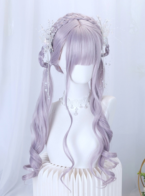 Cute Taro Light Purple Quadratic Element Long Curly Hairstyle Elegant Flat Bangs Sweet Lolita Full Head Wig