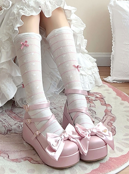 Ribbon Doll Series Satin Cute Large Bowknot Cross Straps Sweet Lolita Retro Muffin Thick Bottom Shoes