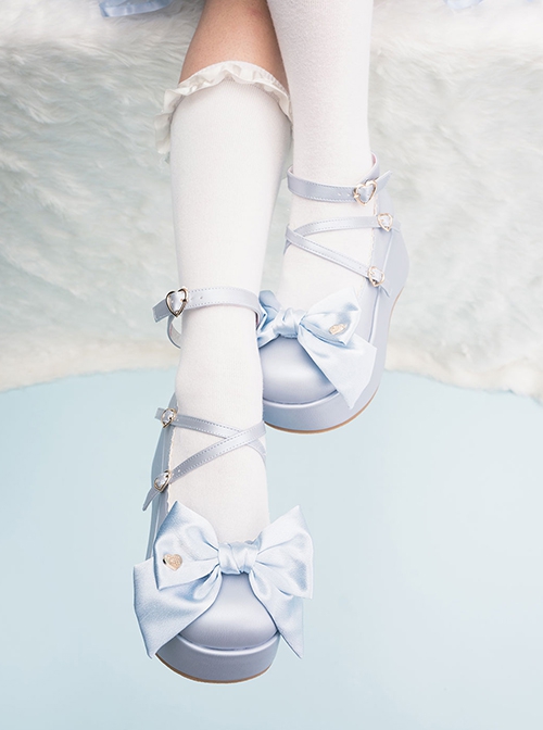 Ribbon Doll Series Satin Cute Large Bowknot Cross Straps Sweet Lolita Retro Muffin Thick Bottom Shoes