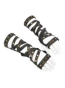 Punk Retro Irregular Winding Adjustable Rope Eyelets Brown Metal Rivet Leather Gloves