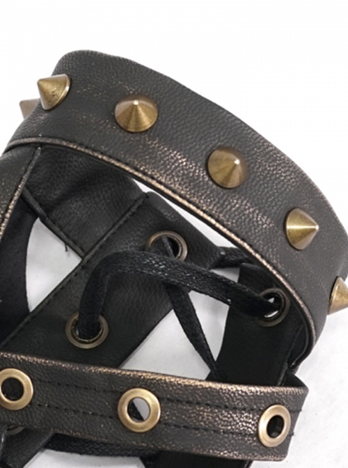 Punk Retro Irregular Winding Adjustable Rope Eyelets Brown Metal Rivet Leather Gloves