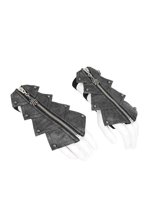 Punk Style Handsome Armor Shape Edge Metal Rivet Decoration Black Adjustable Leather Gloves