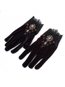 Gothic Style Warm Velvet With Lace Hand Sewn Red Diamond Black Gorgeous Gloves