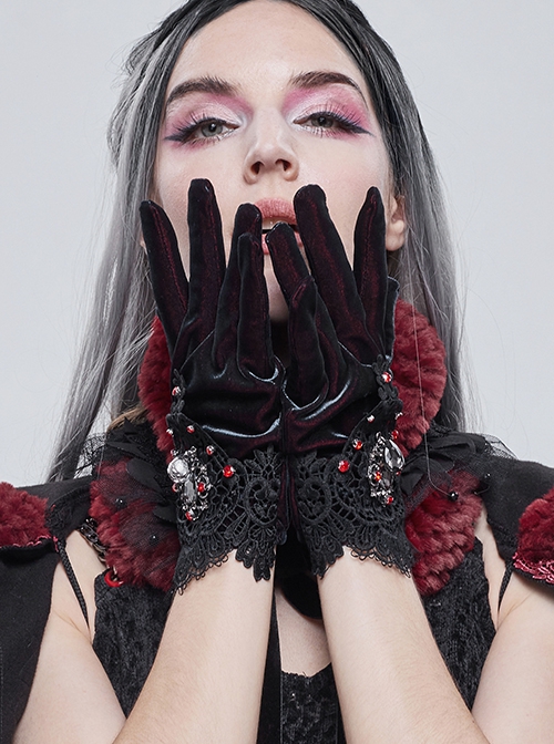 Gothic Style Warm Velvet With Lace Hand Sewn Red Diamond Black Gorgeous Gloves