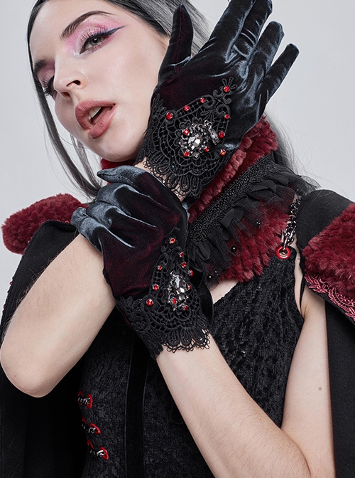 Gothic Style Warm Velvet With Lace Hand Sewn Red Diamond Black Gorgeous Gloves