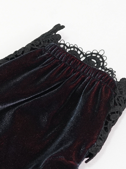 Gothic Style Warm Velvet With Lace Hand Sewn Red Diamond Black Gorgeous Gloves