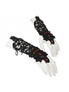Gothic Style Gorgeous Translucent Applique Back Of Hand Three Dimensional Hand-Sewn Diamond Black Adjustable Drawstring Lace Gloves