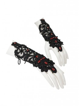 Gothic Style Gorgeous Translucent Applique Back Of Hand Three Dimensional Hand-Sewn Diamond Black Adjustable Drawstring Lace Gloves