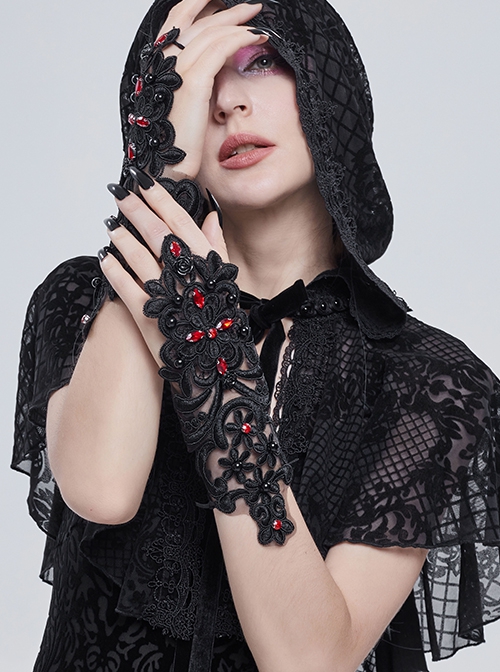 Gothic Style Gorgeous Translucent Applique Back Of Hand Three Dimensional Hand-Sewn Diamond Black Adjustable Drawstring Lace Gloves