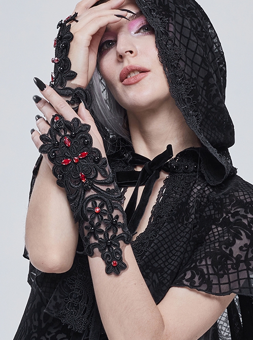 Gothic Style Gorgeous Translucent Applique Back Of Hand Three Dimensional Hand-Sewn Diamond Black Adjustable Drawstring Lace Gloves