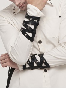 Punk Style Cross Strap Metal Eyelet Decoration Black Adjustable Unisex Leather Gloves