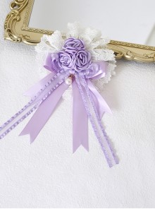 Mood Limited Series Dreamlike Light Purple Rose Elegant Ribbon Bowknot Lace Ruffles Classic Lolita Hanamaru Hairpin Brooch