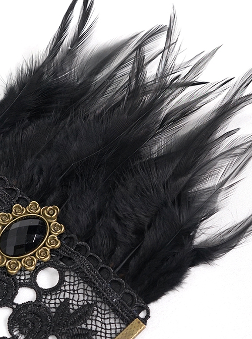 Punk Style Exquisite Metal Gear Decoration With Crystal Rose Black Retro Feather Gloves