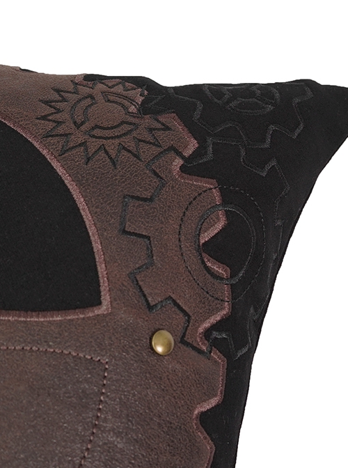 Gothic Style Personality Twill Weave Center Stitching Cracked Leather With Metal Gear Decoration Black And Brown Pillow