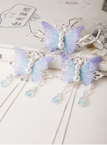 Chinoiserie Elegant Blue Fairy Simulation Pearl Butterfly Long Tassel Crystal Pendant Classic Lolita Hairpins
