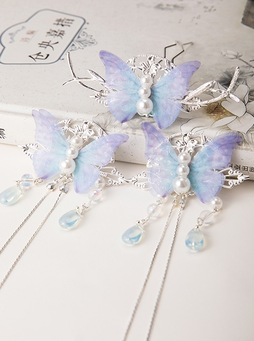 Chinoiserie Elegant Blue Fairy Simulation Pearl Butterfly Long Tassel Crystal Pendant Classic Lolita Hairpins