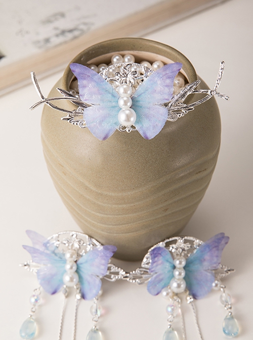 Chinoiserie Elegant Blue Fairy Simulation Pearl Butterfly Long Tassel Crystal Pendant Classic Lolita Hairpins