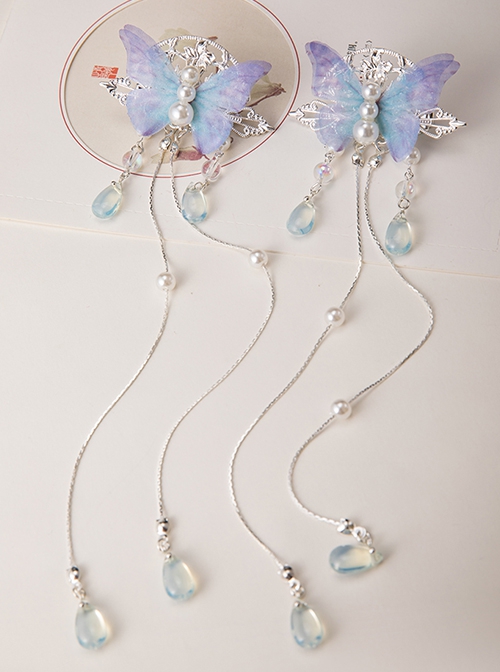 Chinoiserie Elegant Blue Fairy Simulation Pearl Butterfly Long Tassel Crystal Pendant Classic Lolita Hairpins