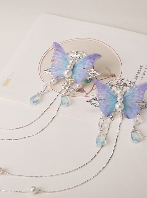 Chinoiserie Elegant Blue Fairy Simulation Pearl Butterfly Long Tassel Crystal Pendant Classic Lolita Hairpins