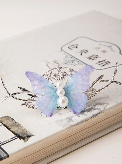 Chinoiserie Elegant Blue Fairy Simulation Pearl Butterfly Long Tassel Crystal Pendant Classic Lolita Hairpins