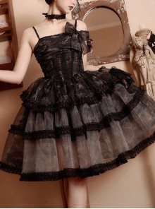 Dark Butterfly Series Gorgeous Gradient Balck Lace Bowknot Ruffles Gothic Lolita Slip Dress Choker Set