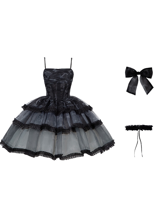 Dark Butterfly Series Gorgeous Gradient Balck Lace Bowknot Ruffles Gothic Lolita Slip Dress Choker Set