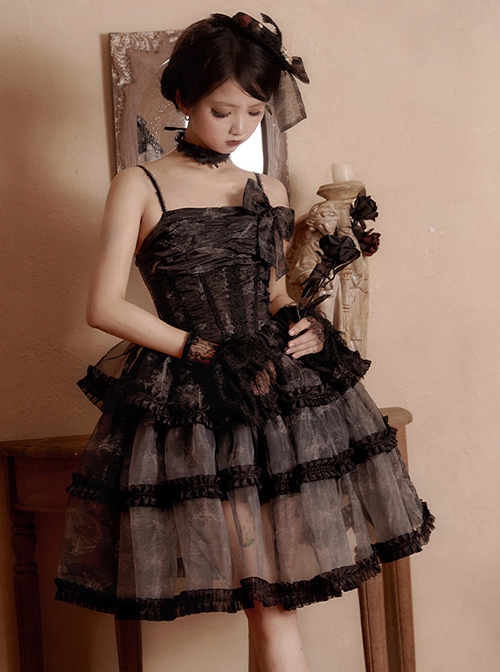 Dark Butterfly Series Gorgeous Gradient Balck Lace Bowknot Ruffles Gothic Lolita Slip Dress Choker Set