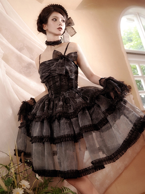 Dark Butterfly Series Gorgeous Gradient Balck Lace Bowknot Ruffles Gothic Lolita Slip Dress Choker Set