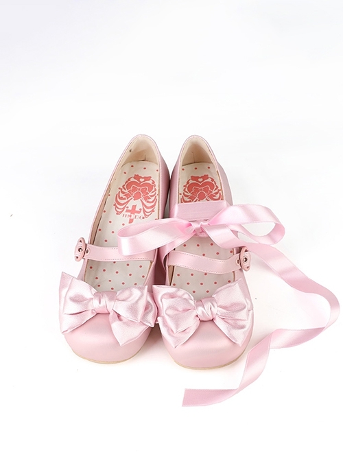 Sissi Series Ballet Style Cute Bowknot Ribbon Sweet Lolita Round Toe PU Leather Mid-Heel Mary Jane Shoes