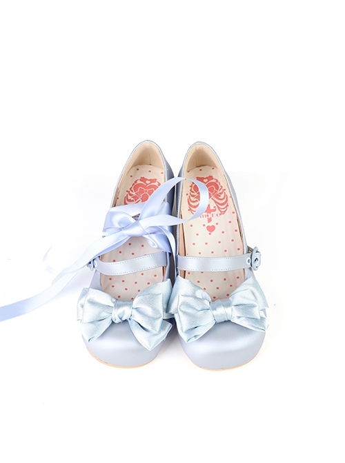 Sissi Series Ballet Style Cute Bowknot Ribbon Sweet Lolita Round Toe PU Leather Mid-Heel Mary Jane Shoes