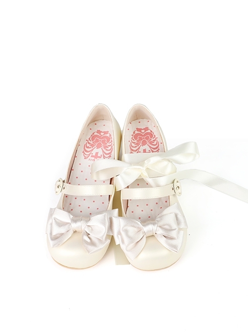 Sissi Series Ballet Style Cute Bowknot Ribbon Sweet Lolita Round Toe PU Leather Mid-Heel Mary Jane Shoes