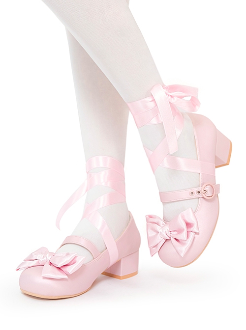 Sissi Series Ballet Style Cute Bowknot Ribbon Sweet Lolita Round Toe PU Leather Mid-Heel Mary Jane Shoes