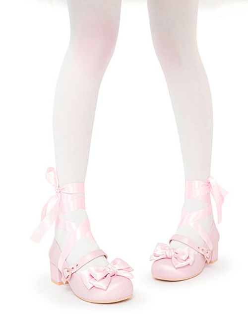 Sissi Series Ballet Style Cute Bowknot Ribbon Sweet Lolita Round Toe PU Leather Mid-Heel Mary Jane Shoes