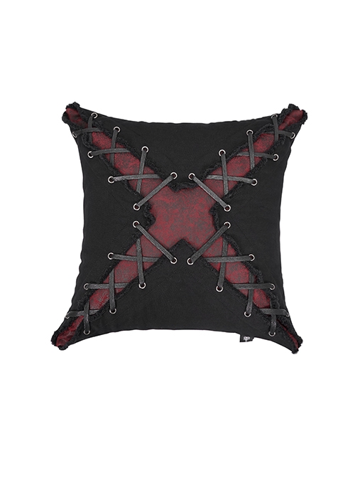 Punk Style Personality Old Metal Eyelet Rope Middle Cross Shape Black And Red Cracked Leather Pillow