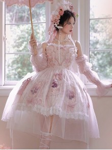 Rose Window Series Court Style Pink Lace Gorgeous Mesh Yarn Bowknot Flower Print Classic Lolita Sleeveless Dress Bonnet Set