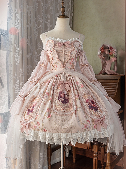 Rose Window Series Court Style Pink Lace Gorgeous Mesh Yarn Bowknot Flower Print Classic Lolita Sleeveless Dress