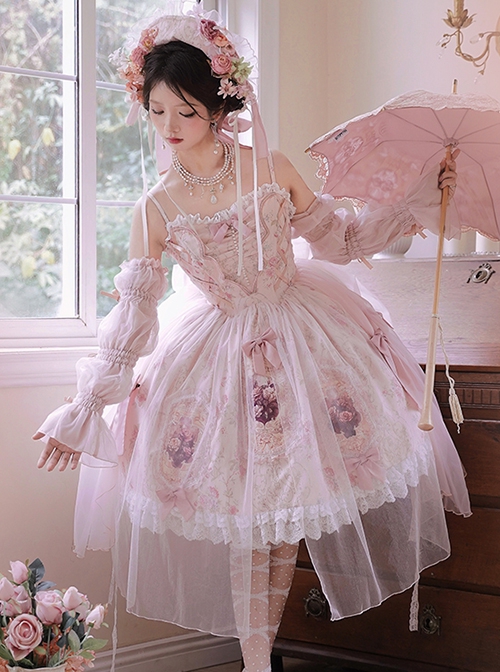 Rose Window Series Court Style Pink Lace Gorgeous Mesh Yarn Bowknot Flower Print Classic Lolita Sleeveless Dress Bonnet Set