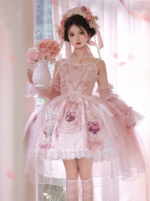 Rose Window Series Court Style Pink Lace Gorgeous Mesh Yarn Bowknot Flower Print Classic Lolita Sleeveless Dress Bonnet Set